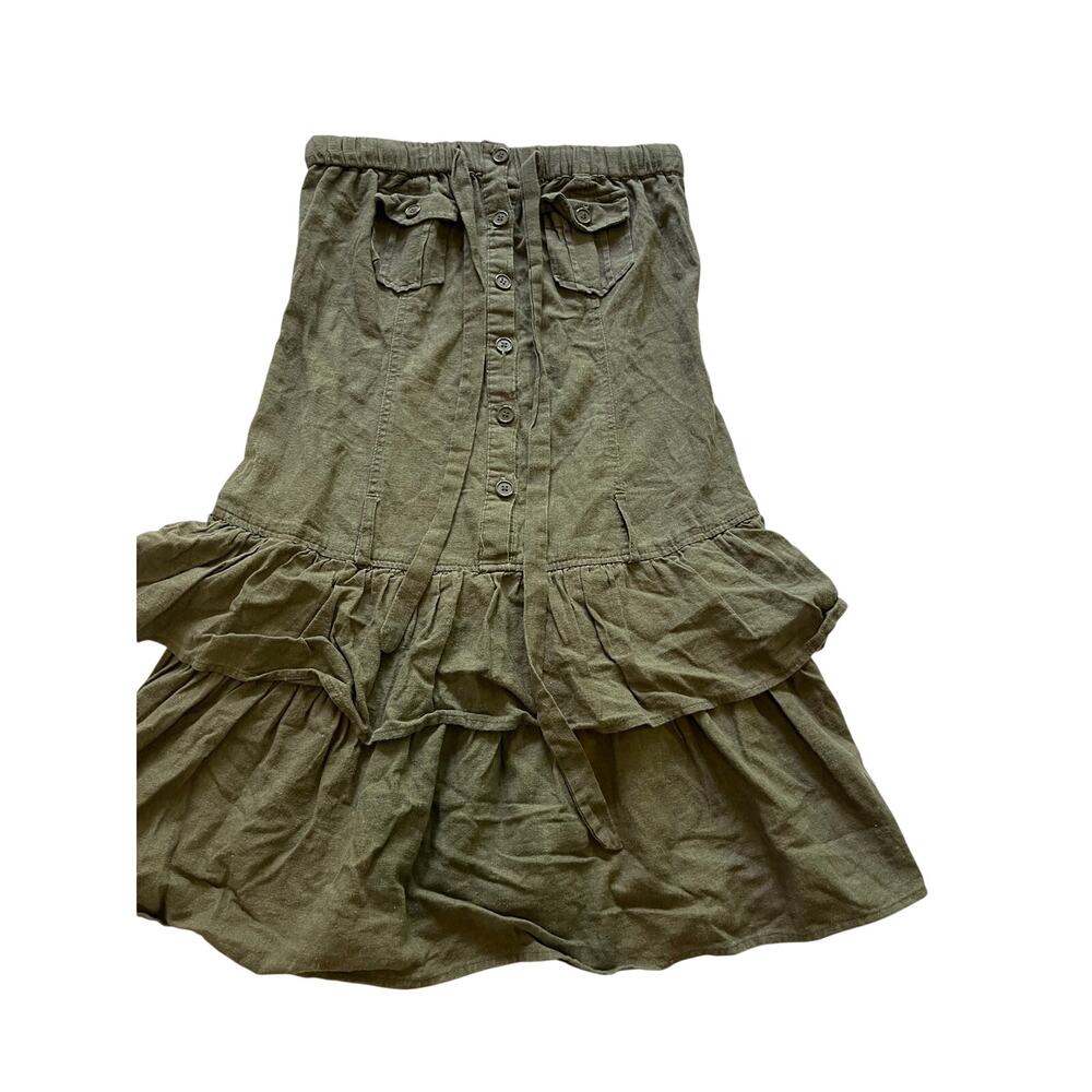 Vintage Chesley Y2K Olive Green Linen Strapless Dress Ruffle Tiered Cargo Medium
